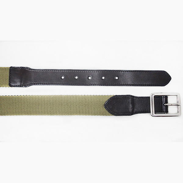 Fabric belt with pin buckle but top and end are stitched with leather 35-16185